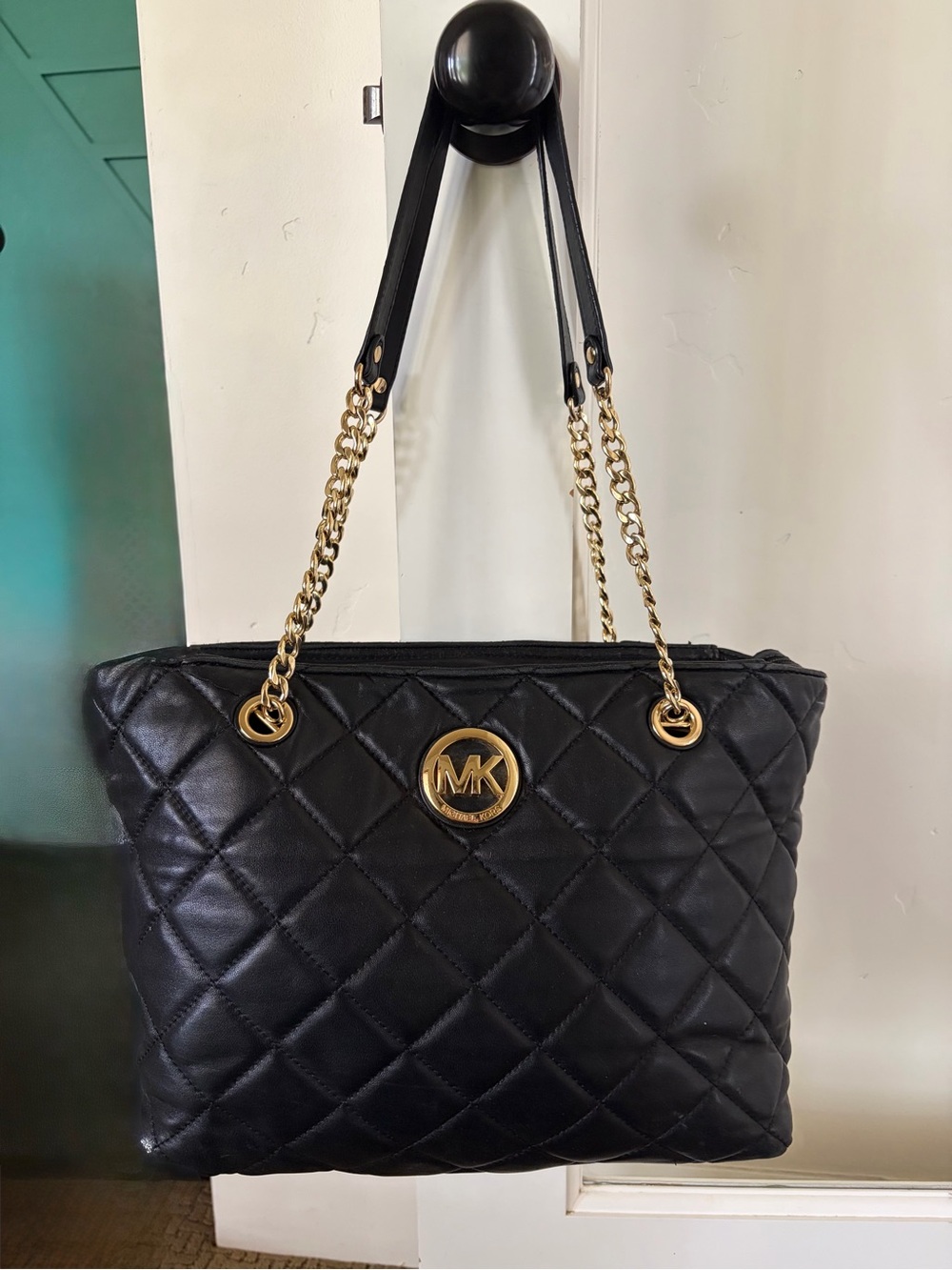 Michael Kors Fulton Quilted Leather Tote with Gold Chain Straps and MK Medallion